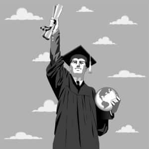 Vector illustration of a young man reaching for the sky with his certificate.