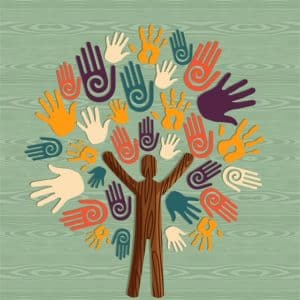 Global diversity man as trunk tree hands illustration. Vector file layered for easy manipulation and custom coloring.